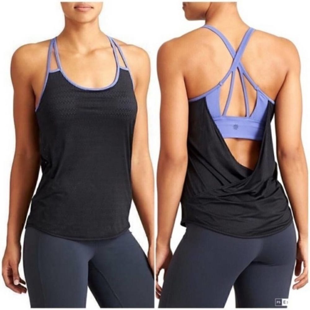 Athleta Full Force Black and Purple Mesh Open Back Tank Top Size XS